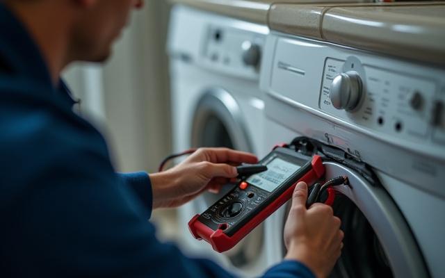 एक तकनीशियन उपकरण पर नैदानिक उपकरण का उपयोग कर रहा है